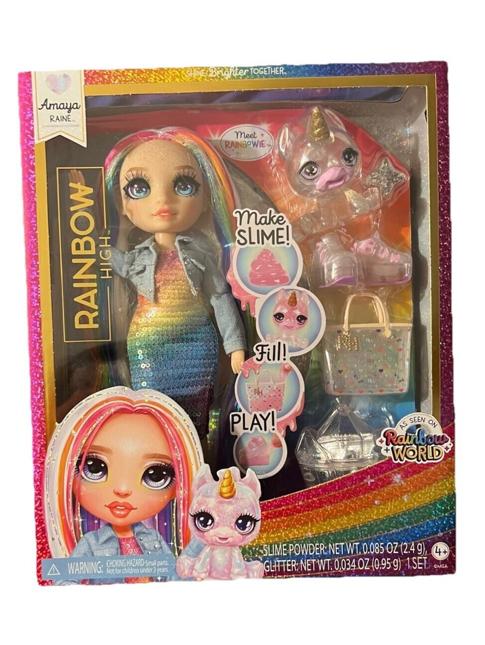 Rainbow High 11” Amaya Raine Doll, Slime Kit and Pet Unicorn New